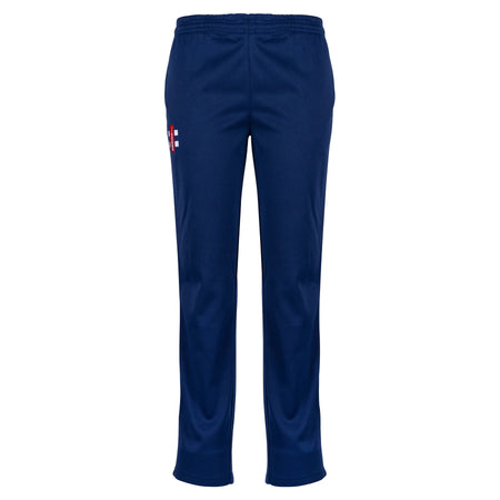 The Cinderford St Johns CC Matrix V2 T20 Trousers by Gray Nicolls are navy blue cricket trousers with an elastic waistband and a small red and white logo on the upper left thigh, shown against a white background.