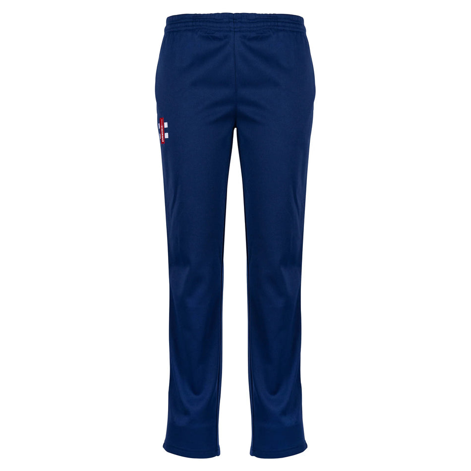 The Cinderford St Johns CC Matrix V2 T20 Trousers by Gray Nicolls are navy blue cricket trousers with an elastic waistband and a small red and white logo on the upper left thigh, shown against a white background.