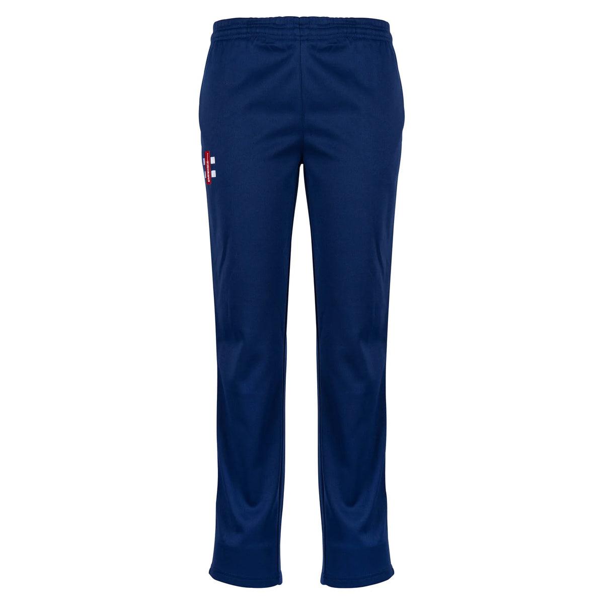 Gray Nicolls Matrix V2 Match Trousers in navy, featuring an elastic waistband and a small white and red logo on the left thigh, designed in a tapered fit style inspired by cricket wear, displayed against a white background.