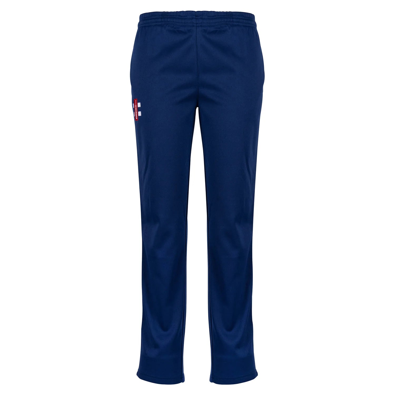 Gray Nicolls Matrix V2 Match Trousers in navy, featuring an elastic waistband and a small white and red logo on the left thigh, designed in a tapered fit style inspired by cricket wear, displayed against a white background.
