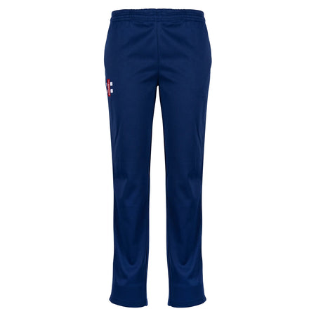 Gray Nicolls Matrix V2 Match Trousers in navy, featuring an elastic waistband and a small white and red logo on the left thigh, designed in a tapered fit style inspired by cricket wear, displayed against a white background.