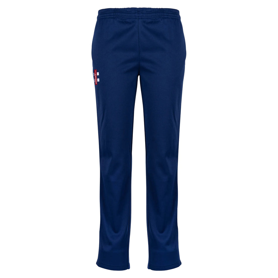 Gray Nicolls Matrix V2 Match Trousers in navy, featuring an elastic waistband and a small white and red logo on the left thigh, designed in a tapered fit style inspired by cricket wear, displayed against a white background.