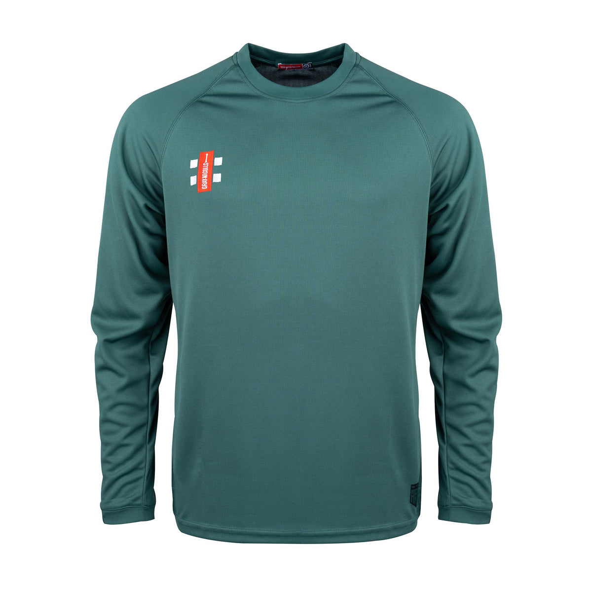 The Gray Nicolls Bushley CC Matrix V2 Long Sleeve T-Shirt is a green, crew neck athletic top for training, featuring moisture-wicking fabric and a small red and white logo on the left chest with a clean, solid color design.