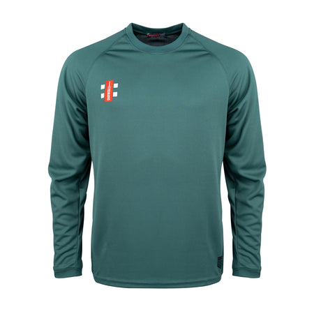 The Gray Nicolls Bushley CC Matrix V2 Long Sleeve T-Shirt is a green, crew neck athletic top for training, featuring moisture-wicking fabric and a small red and white logo on the left chest with a clean, solid color design.