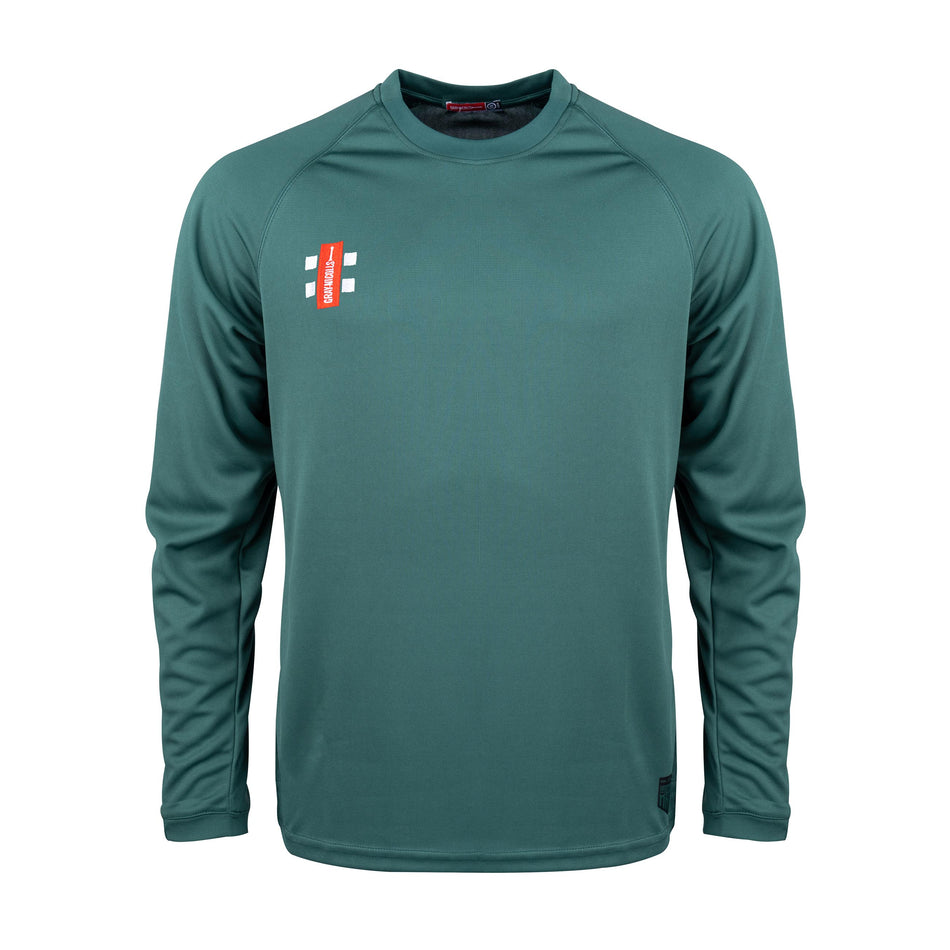 The Gray Nicolls Bushley CC Matrix V2 Long Sleeve T-Shirt is a green, crew neck athletic top for training, featuring moisture-wicking fabric and a small red and white logo on the left chest with a clean, solid color design.