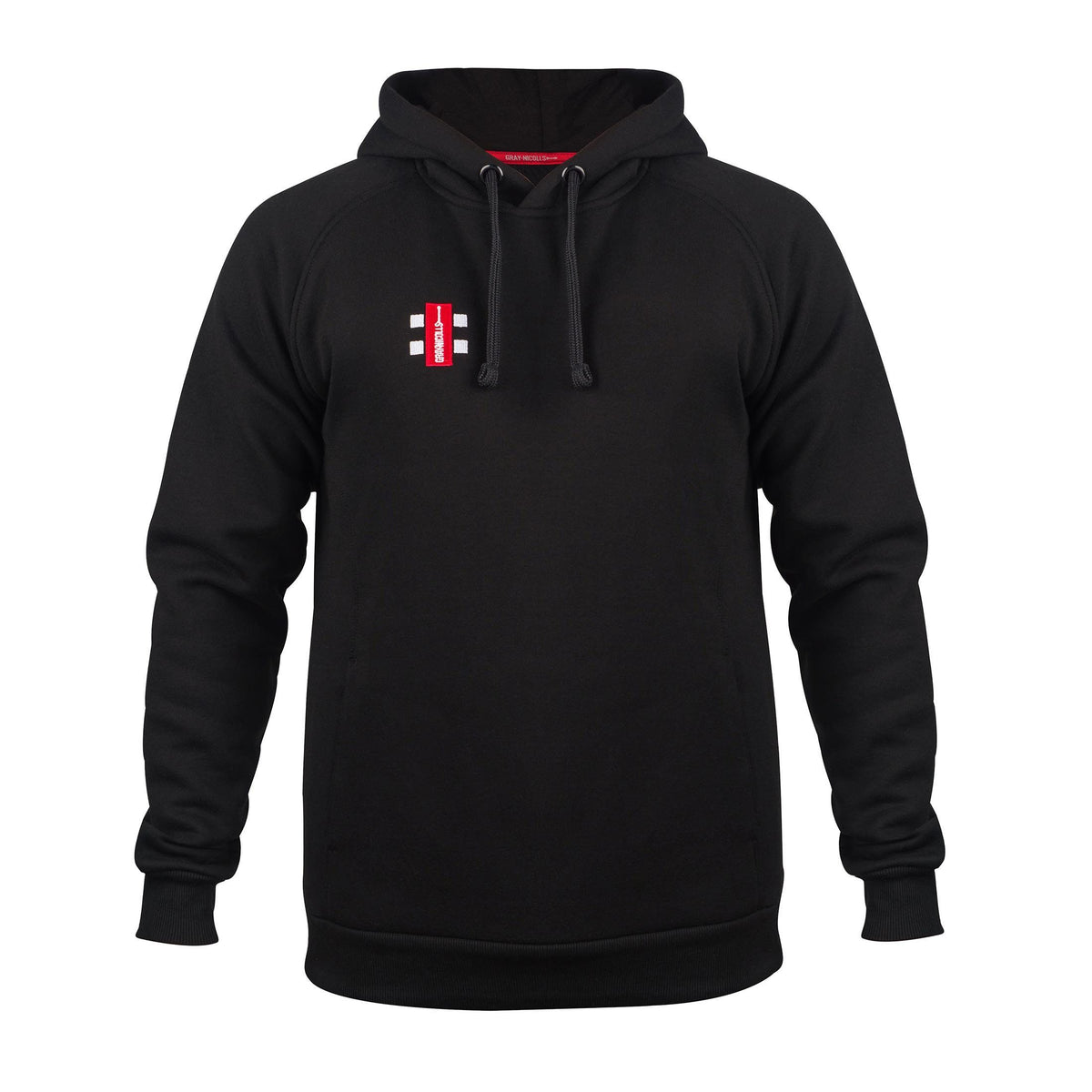 The Gray Nicolls St Philips North CC Velocity Hoodie has a black hood and drawstrings, a small red and white rectangular logo on the left chest, long sleeves, a relaxed fit, and is made from sustainable cotton.