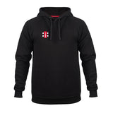 The Gray Nicolls St Philips North CC Velocity Hoodie has a black hood and drawstrings, a small red and white rectangular logo on the left chest, long sleeves, a relaxed fit, and is made from sustainable cotton.