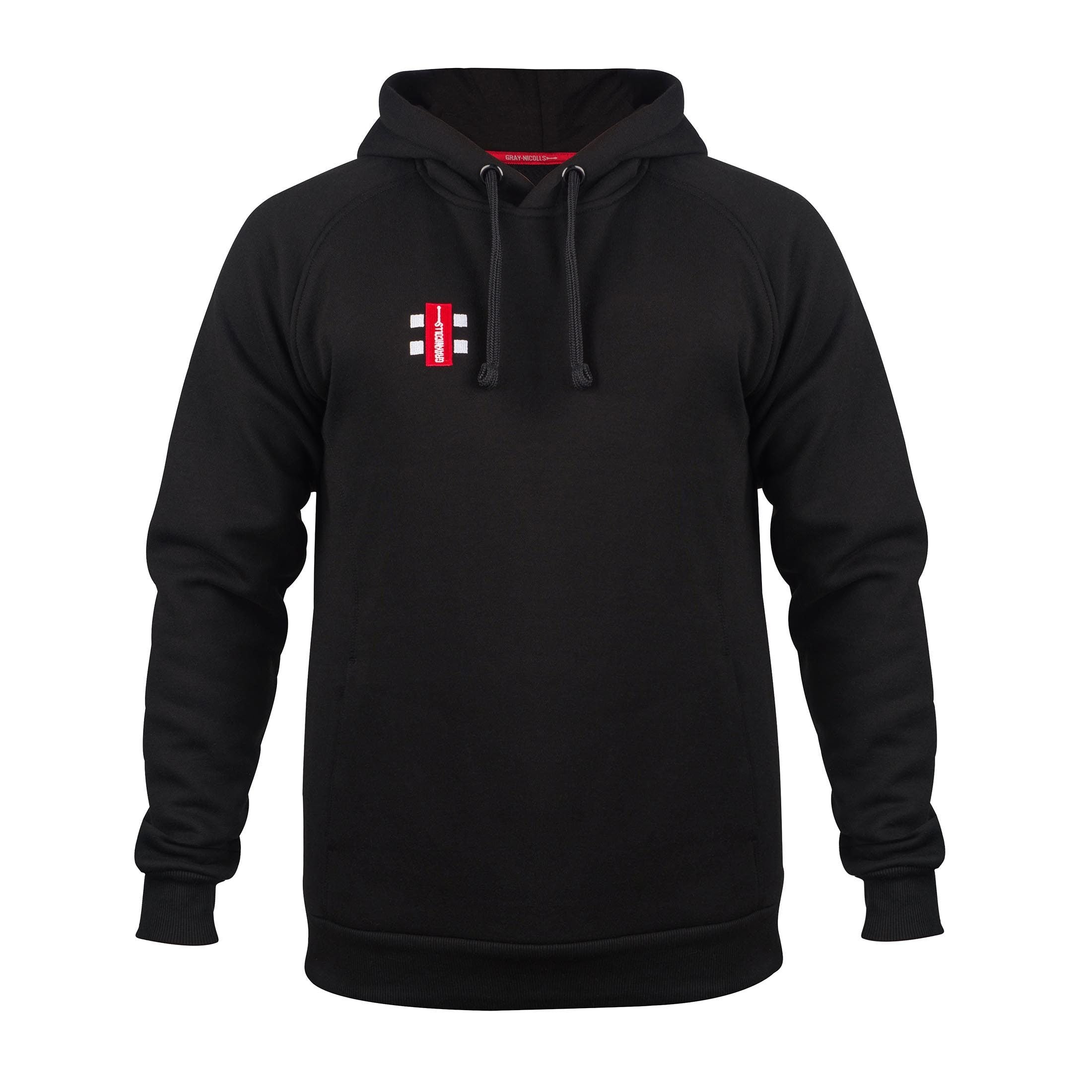 The Gray Nicolls St Philips North CC Velocity Hoodie has a black hood and drawstrings, a small red and white rectangular logo on the left chest, long sleeves, a relaxed fit, and is made from sustainable cotton.