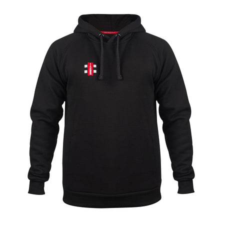 The Gray Nicolls St Philips North CC Velocity Hoodie has a black hood and drawstrings, a small red and white rectangular logo on the left chest, long sleeves, a relaxed fit, and is made from sustainable cotton.