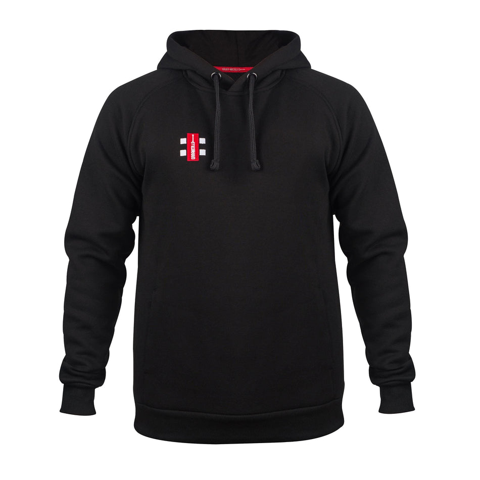 The Gray Nicolls St Philips North CC Velocity Hoodie has a black hood and drawstrings, a small red and white rectangular logo on the left chest, long sleeves, a relaxed fit, and is made from sustainable cotton.
