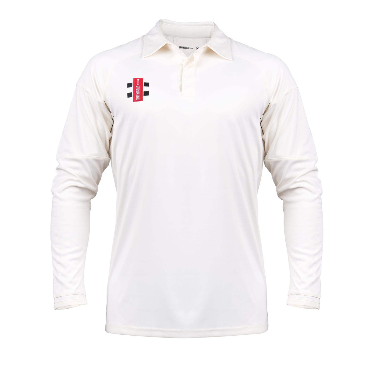 The Gray Nicolls Pro Performance V3 Long Sleeve Shirt is a slim fit polo cricket shirt with a collar, buttoned neckline, and moisture-wicking fabric, featuring a small red and black logo on the left chest against a plain white background.