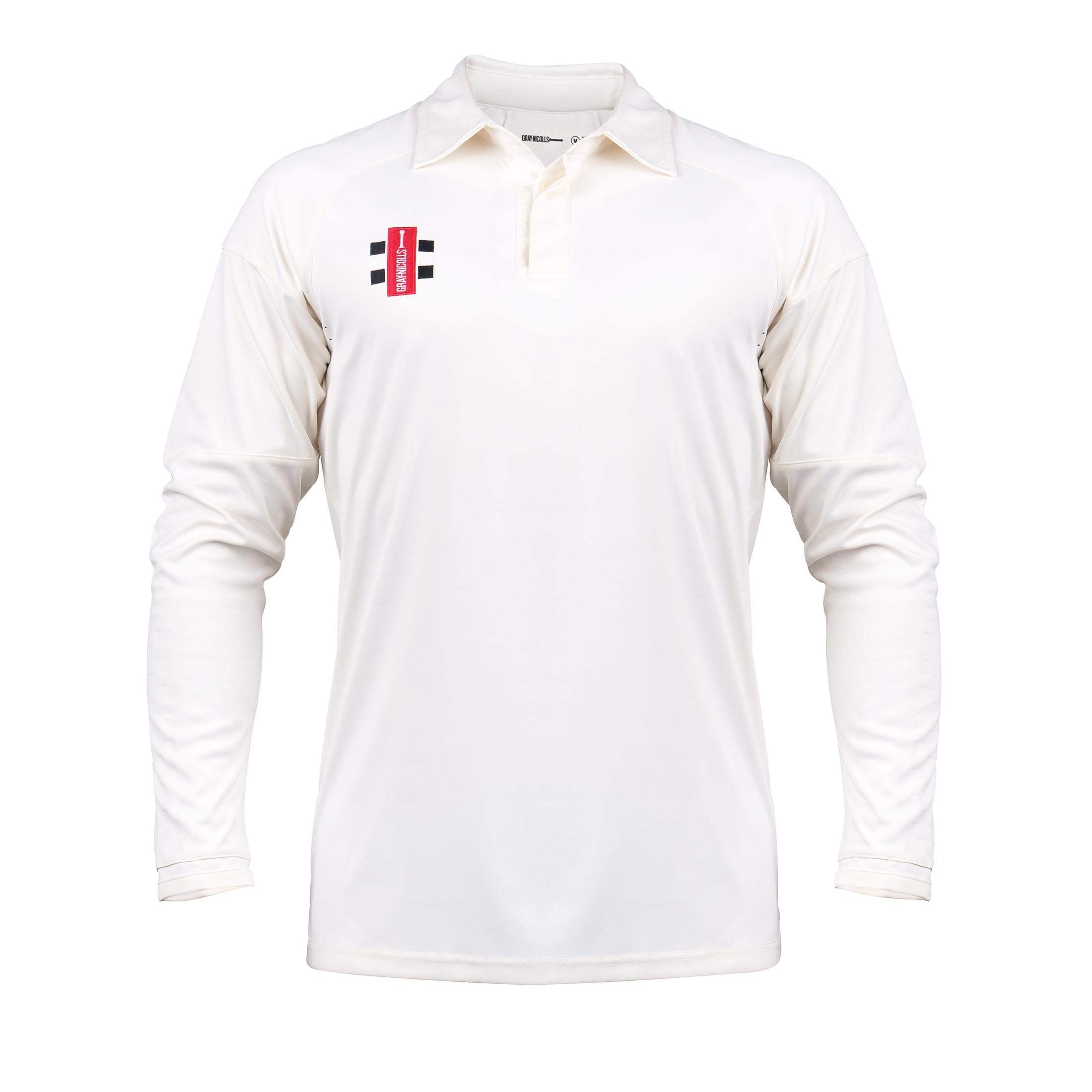 The Gray Nicolls Pro Performance V3 Long Sleeve Shirt is a slim fit polo cricket shirt with a collar, buttoned neckline, and moisture-wicking fabric, featuring a small red and black logo on the left chest against a plain white background.