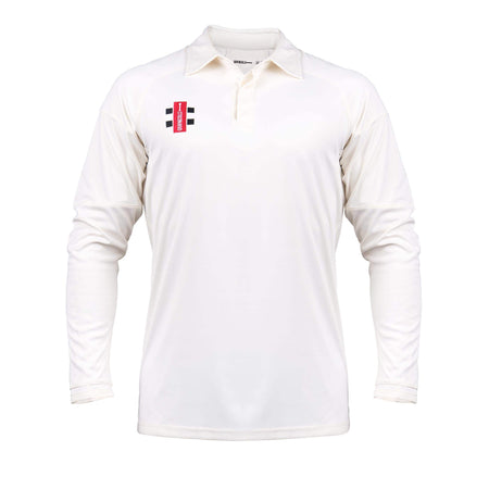 The Gray Nicolls Pro Performance V3 Long Sleeve Shirt is a slim fit polo cricket shirt with a collar, buttoned neckline, and moisture-wicking fabric, featuring a small red and black logo on the left chest against a plain white background.
