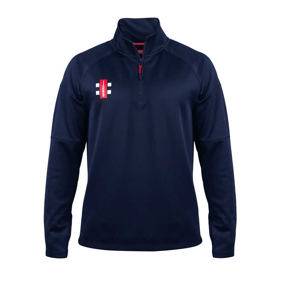 The Gray Nicolls Quedgeley & Hardwicke CC Pro Thermo Fleece is a navy long-sleeve pullover with a quarter-zip, standing collar, and an embroidered club logo on the left chest. Simple design with no visible patterns or graphics.