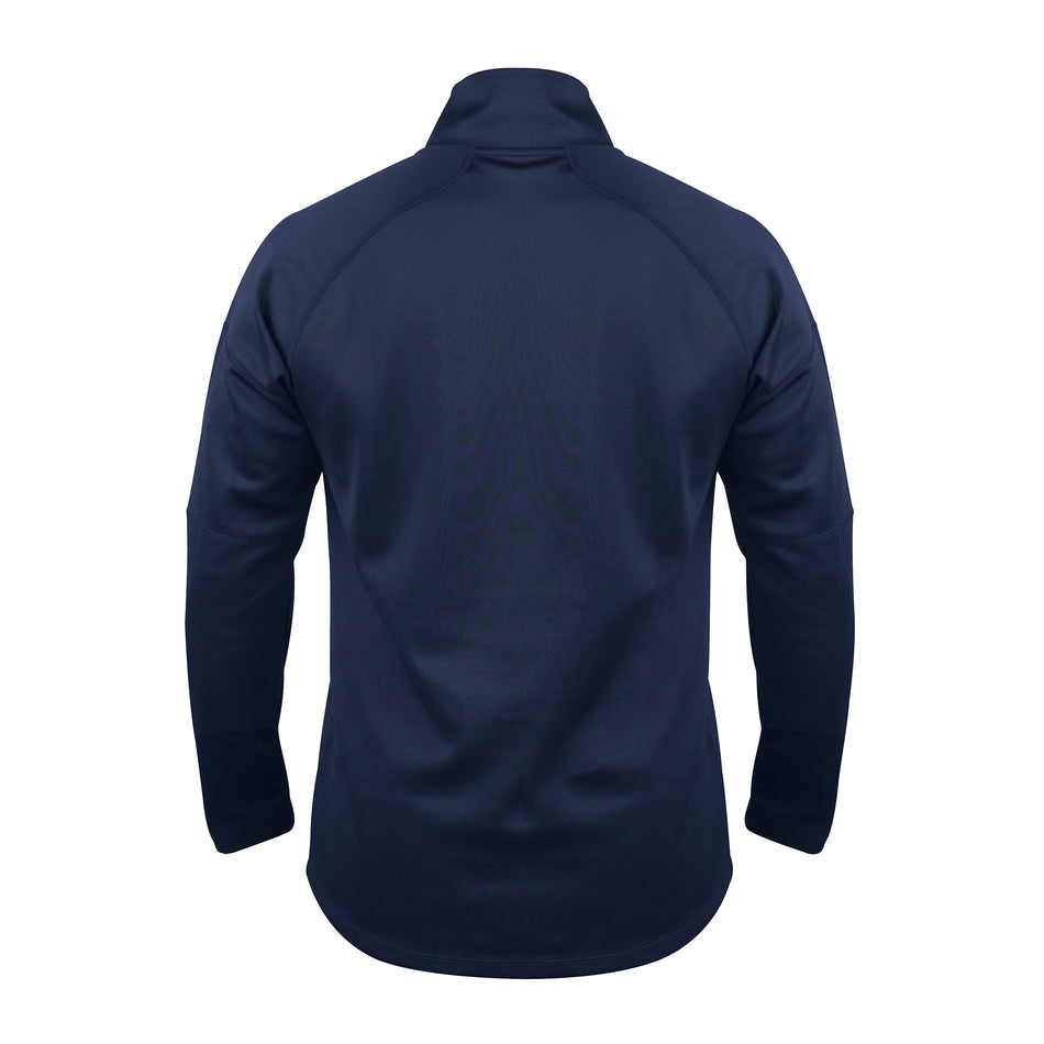 The Gray Nicolls Kempton CC Pro Thermo Fleece navy blue long-sleeve pullover is shown from the back, featuring moisture-wicking Thermo Fleece fabric, a high funnel neck collar, and curved hem on a plain white background.