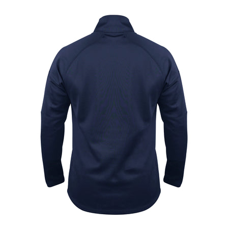 The Gray Nicolls Eastcombe CC Pro Thermo Fleece is a navy blue long-sleeve 1/4 zip pullover shown from the back, featuring a high collar, thermo fleece fabric, and a slightly curved hem for extra warmth and comfort.