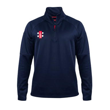 The Gray Nicolls Pro Thermo Fleece is a navy long-sleeve pullover with a quarter-zip front and a small red and white left chest logo, shown on a plain white background.