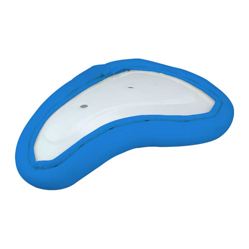 The Gray Nicolls Kookaburra 500 Female Abdo Guard, a curved white plastic protector with a blue padded edge, designed for impact protection in cricket, is shown on a plain white background.
