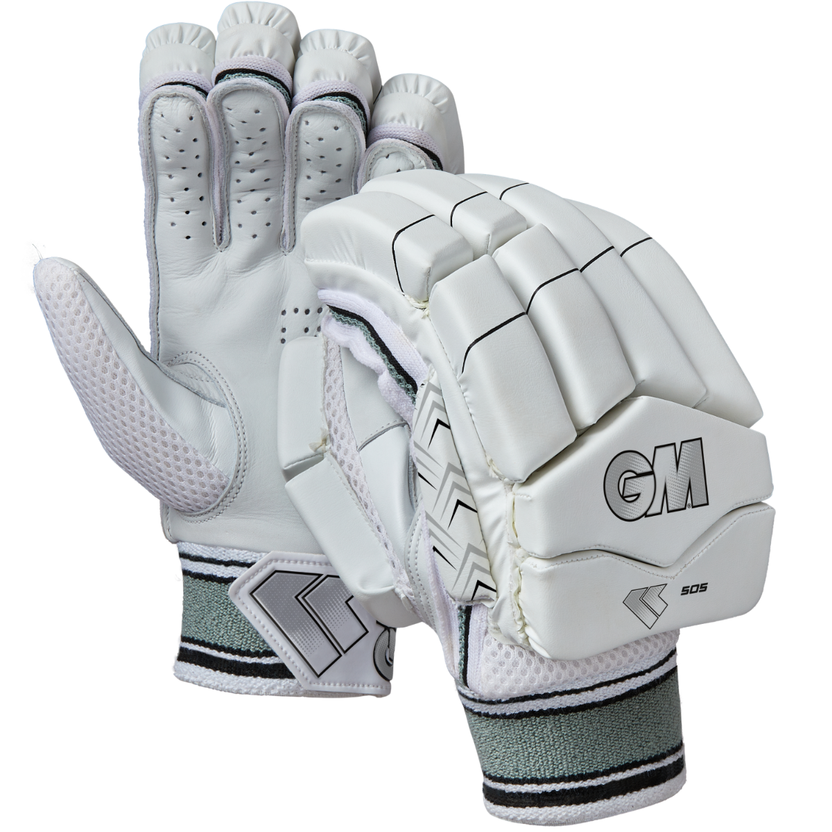 The Gunn & Moore 505 Batting Gloves 2025 feature padded knuckles, mesh ventilation, adjustable wrist straps, a durable calf leather palm, GM branding, and subtle gray accents for superior cricket protection.