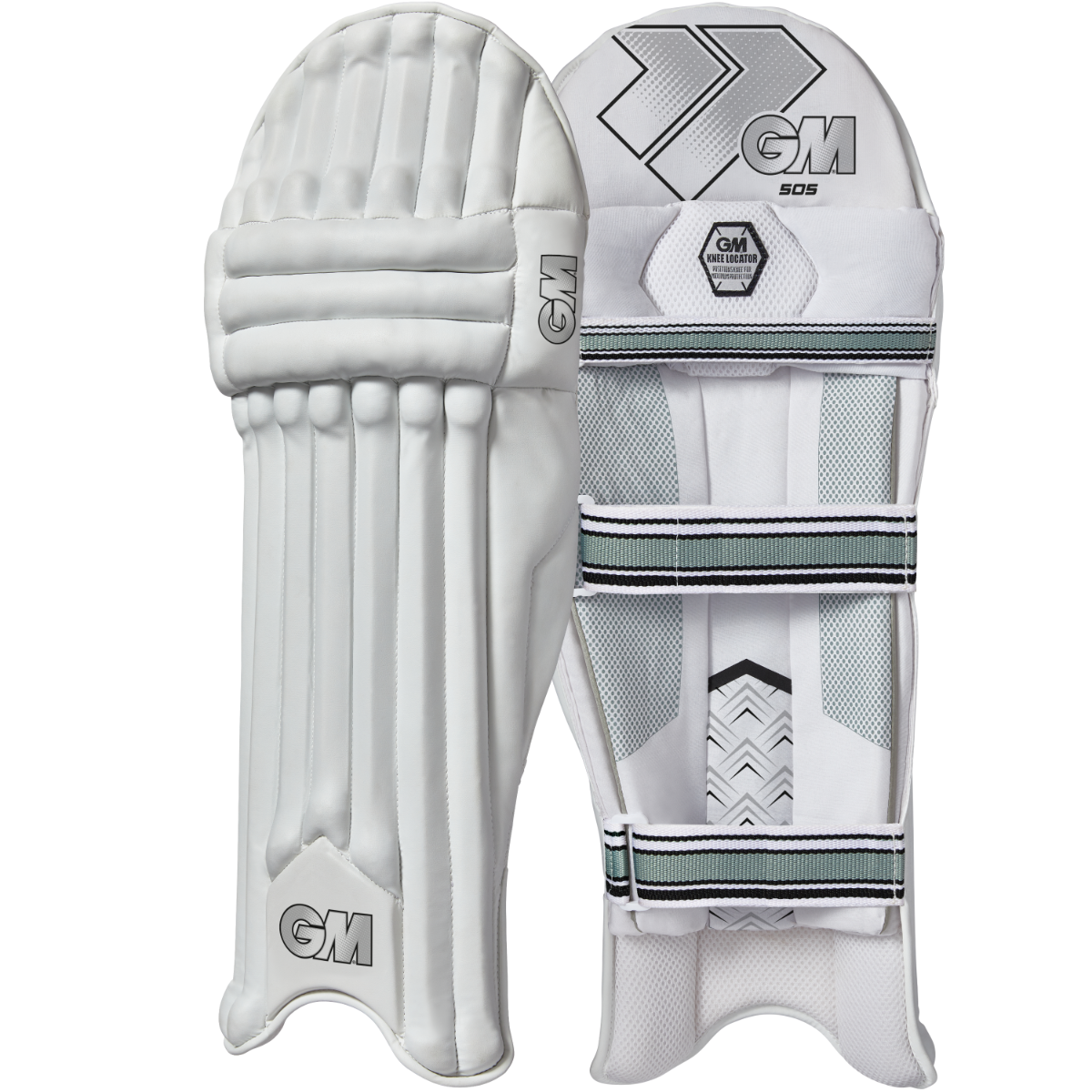 The Gunn & Moore 505 Batting Pads 2025 are white cricket pads with vertical front padding, adjustable back straps, and the Gunn & Moore logo—ideal protection for batsmen.