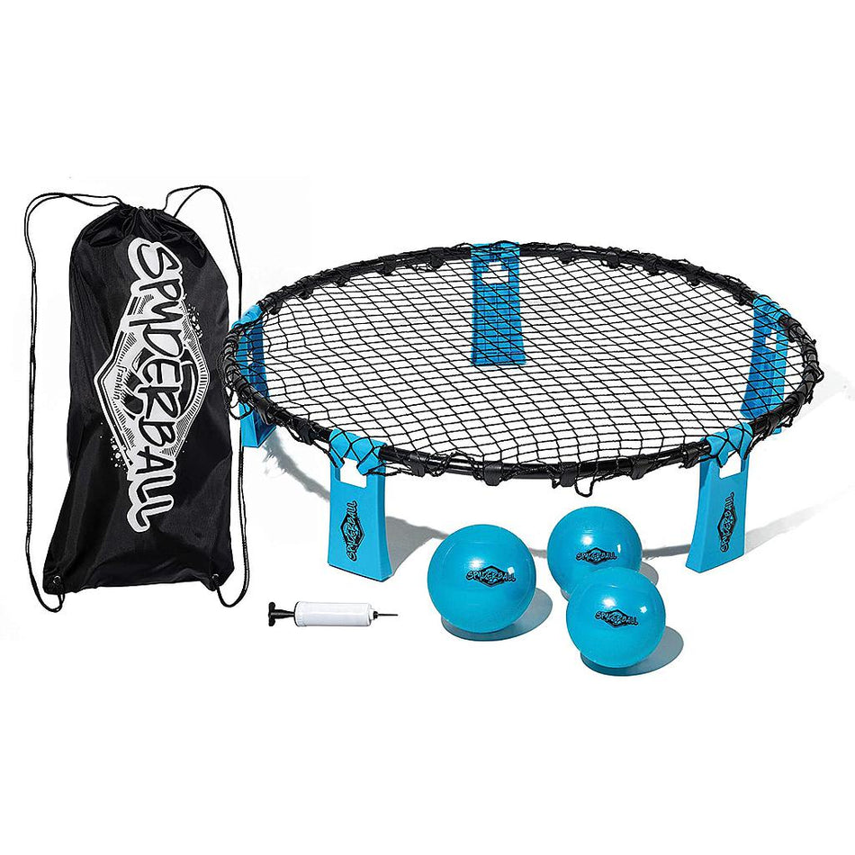 Franklin Spyderball by Franklin includes a round black net on a frame, three blue balls, a small white pump, and a black carrying bag—ideal for portable outdoor fun.