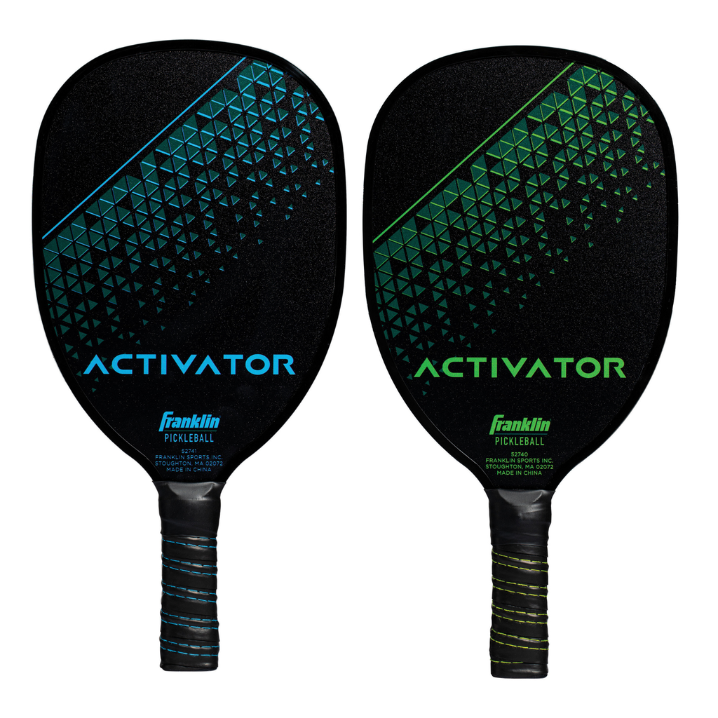 Two Franklin Activator Wooden Pickleball Paddles by Franklin are shown upright—one with black/blue geometric accents, both featuring “Activator” text and comfort grip handles wrapped in coordinated tape for a play-ready look.