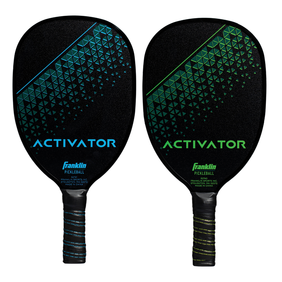 Two Franklin Activator Wooden Pickleball Paddles by Franklin are shown upright—one with black/blue geometric accents, both featuring “Activator” text and comfort grip handles wrapped in coordinated tape for a play-ready look.