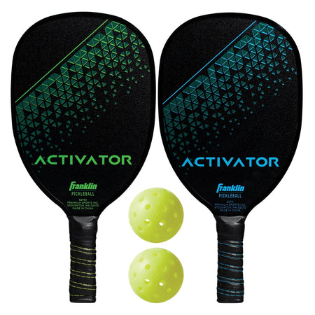 The Franklin Activator 2-Player Pickleball Paddle and Ball Set by Franklin includes two USA Pickleball approved paddles—one green-accented, one blue—with black geometric designs and two yellow perforated balls for a modern look.