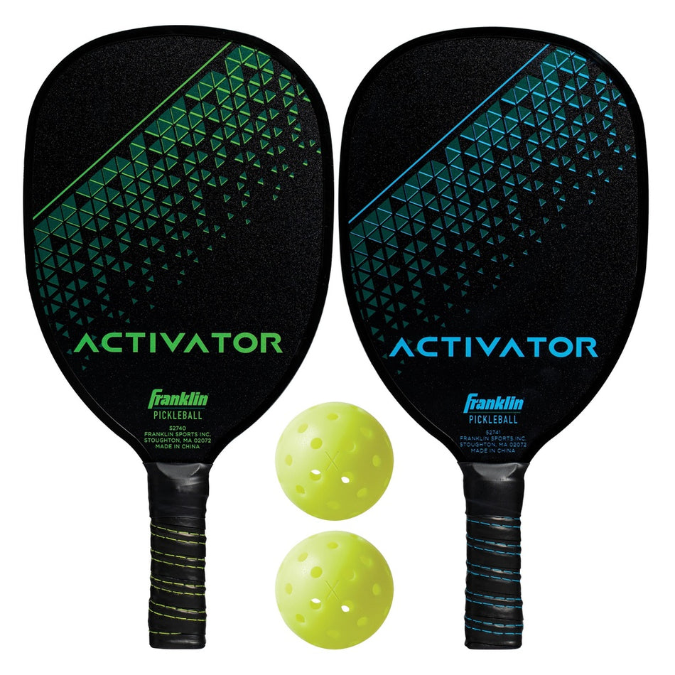 The Franklin Activator 2-Player Pickleball Paddle and Ball Set by Franklin includes two USA Pickleball approved paddles—one green-accented, one blue—with black geometric designs and two yellow perforated balls for a modern look.
