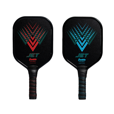 The Franklin Jet Aluminium Pickleball Paddle by Franklin comes in black/blue with geometric designs, features a blue grip accent, is labeled “JET” and “Franklin Pickleball,” and is USA Pickleball approved for official play.