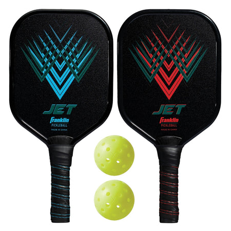 The Franklin Jet 2-Player Pickleball Paddle and Ball Set by Franklin features two black paddles with geometric blue and red designs and two USA Pickleball approved X-40 pickleballs, all displayed against a white background.