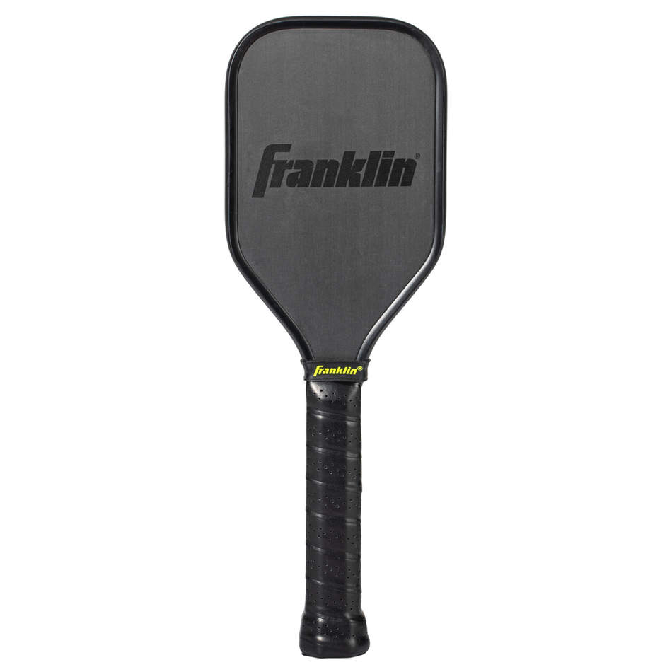The Franklin Sweet Spot Trainer Pickleball Paddle by Franklin features a rectangular shape, smooth surface, and black grip handle, shown in black against a white background.