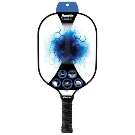 The Franklin Pilot Pickleball Paddle by Franklin is USAPA approved, featuring a black handle and a white face with a blue honeycomb pattern and circular icons highlighting its features.