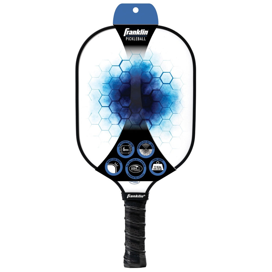 The Franklin Pilot Pickleball Paddle by Franklin is USAPA approved, featuring a black handle and a white face with a blue honeycomb pattern and circular icons highlighting its features.