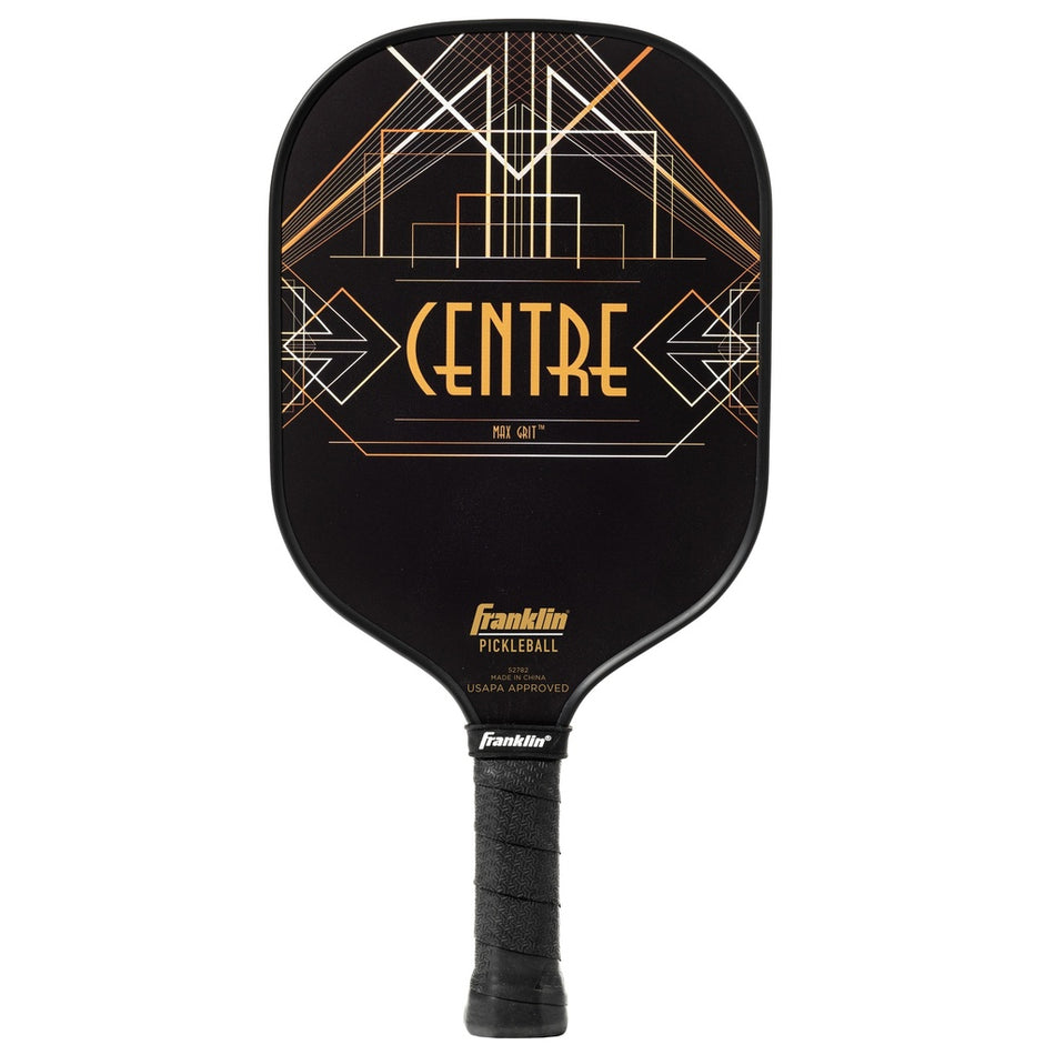 The Franklin Center Signature Pickleball Paddle is black with gold and white Art Deco designs and "CENTRE" on the face. It features MaxGrit surface technology, USA Pickleball approval, and Franklin branding near the handle.
