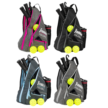 Four Franklin Pickleball Sling Bags by Franklin in gray, each with a colorful zipper (pink, black, blue, green), can hold two paddles, a water bottle, and two yellow pickleballs—ideal versatile bags for every pickleball player.