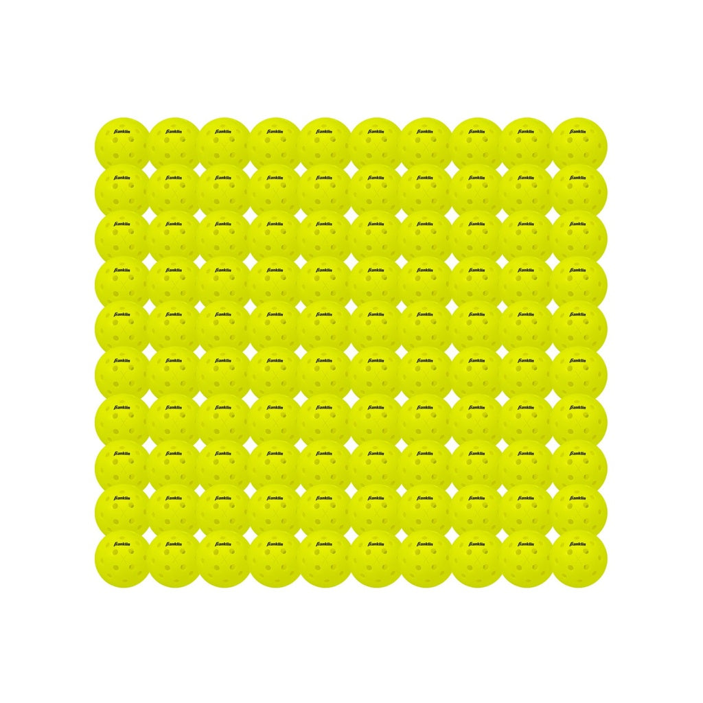 A perfect square grid of yellow Franklin Outdoor X-40 Pickleballs (Pack of 100), USA Pickleball approved, arranged on a white background.