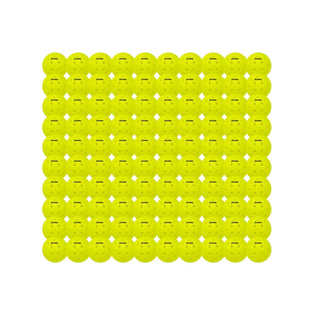 A perfect square grid of yellow Franklin Outdoor X-40 Pickleballs (Pack of 100), USA Pickleball approved, arranged on a white background.