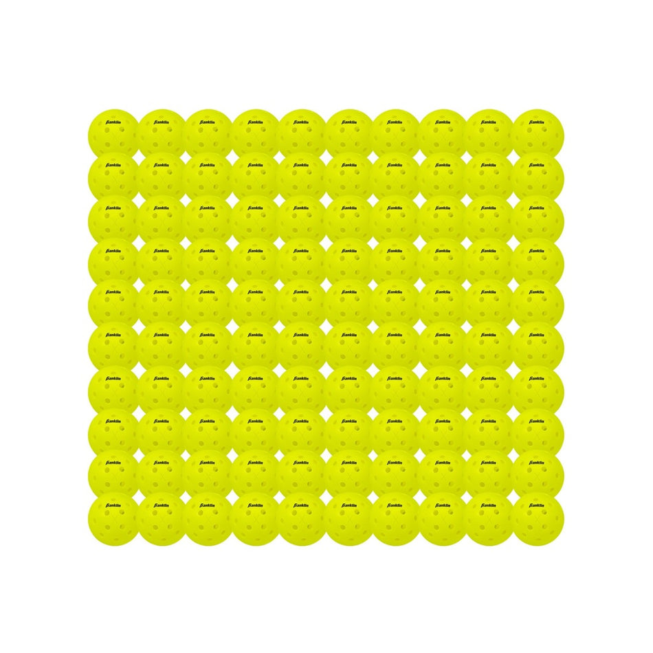 A perfect square grid of yellow Franklin Outdoor X-40 Pickleballs (Pack of 100), USA Pickleball approved, arranged on a white background.
