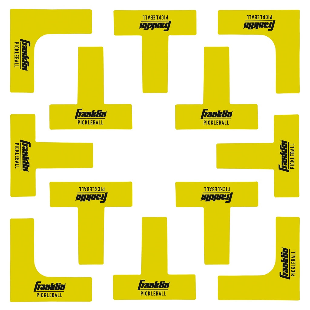Twelve yellow markers from the Franklin Pickleball Court Marker Kit are arranged on a white background. Each “L” or “T” shaped piece features the black Franklin logo, making it easy to set up a portable pickleball court.