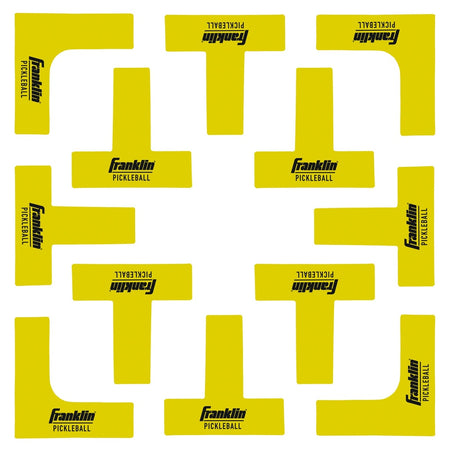 Twelve yellow markers from the Franklin Pickleball Court Marker Kit are arranged on a white background. Each “L” or “T” shaped piece features the black Franklin logo, making it easy to set up a portable pickleball court.
