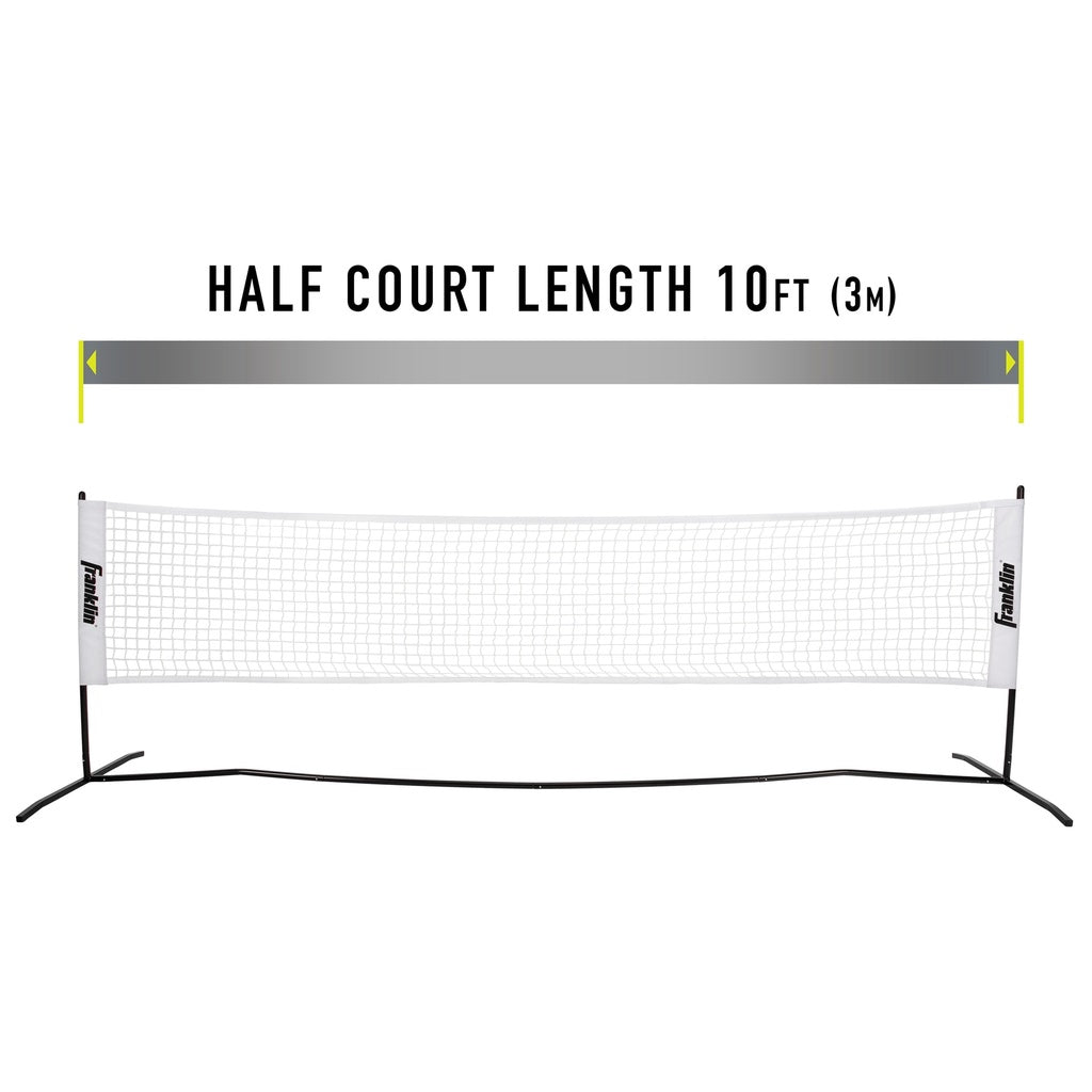 A white Franklin Pickleball 2 Player Court Set net stretches between two black poles labeled Half Court Length 10 ft (3m), with a yellow double-sided arrow above showing the net’s half court length.