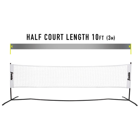 A white Franklin Pickleball 2 Player Court Set net stretches between two black poles labeled Half Court Length 10 ft (3m), with a yellow double-sided arrow above showing the net’s half court length.