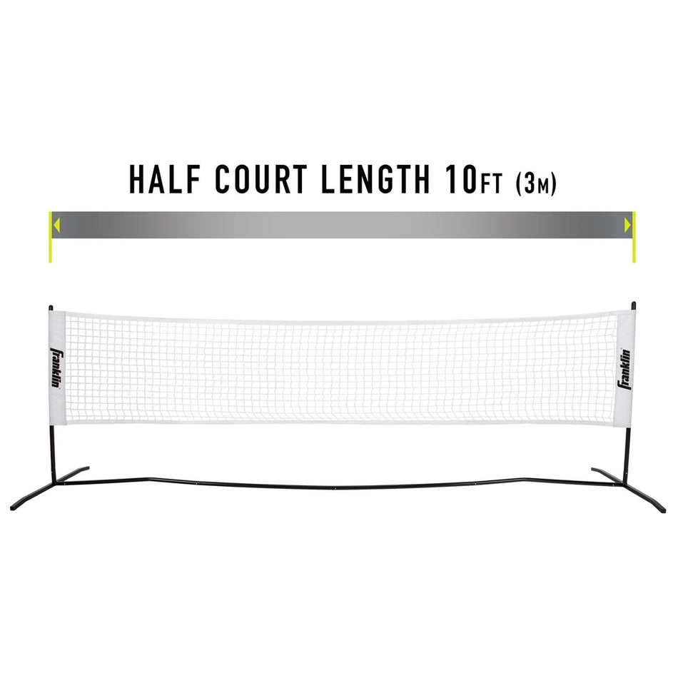 A white Franklin Pickleball 2 Player Court Set net stretches between two black poles labeled Half Court Length 10 ft (3m), with a yellow double-sided arrow above showing the net’s half court length.