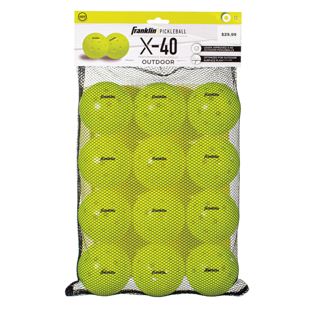 The Franklin Outdoor X-40 Pickleball - Mesh Bag (12) by Franklin includes 12 USAPA approved yellow balls for outdoor play, with product info and a $29.99 price on the cardboard header.