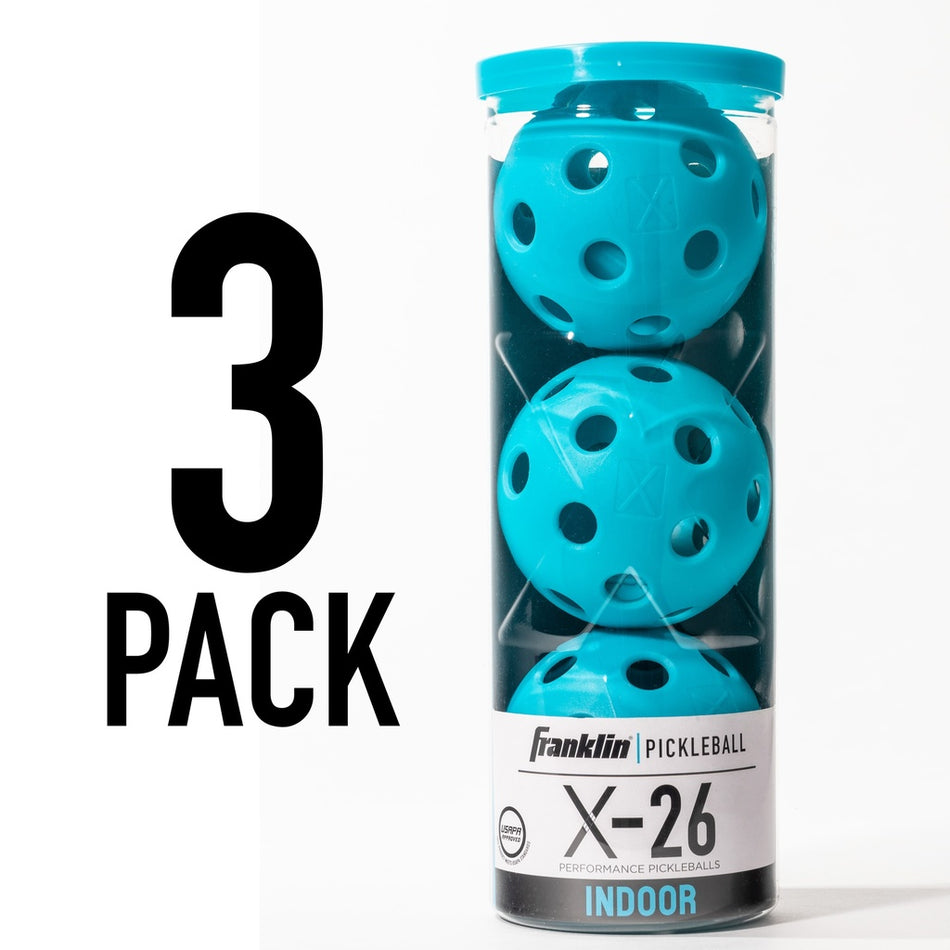 A clear tube contains three blue Franklin Indoor X-26 Pickleball balls, USA Pickleball approved. The label reads "Franklin." Large black "3 PACK" text appears on a white background to the left.