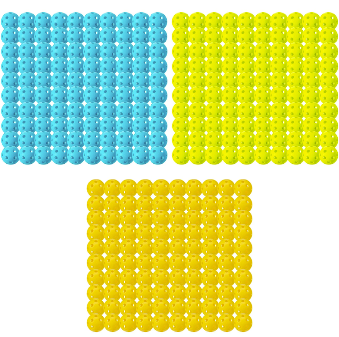 Three square grids of interconnected plastic balls, reminiscent of Franklin Indoor X-26 Pickleballs by Franklin in blue, each feature evenly spaced rows and columns.