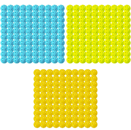 Three square grids of interconnected plastic balls, reminiscent of Franklin Indoor X-26 Pickleballs by Franklin in blue, each feature evenly spaced rows and columns.