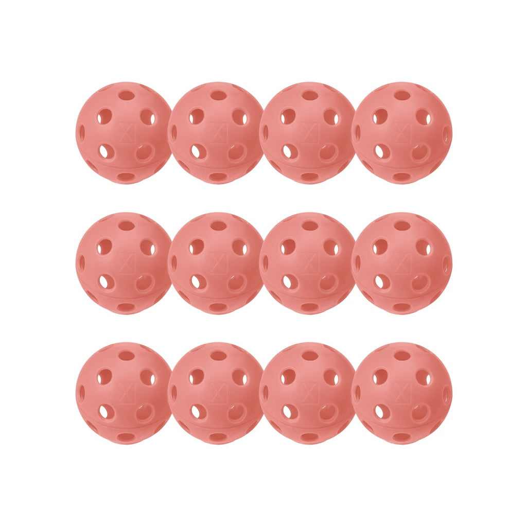 A pack of 12 pink Franklin Indoor X-26 Pickleballs with evenly spaced holes, USA Pickleball approved, shown in three rows on a white background—ideal for reliable performance in your indoor games.