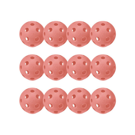 A pack of 12 pink Franklin Indoor X-26 Pickleballs with evenly spaced holes, USA Pickleball approved, shown in three rows on a white background—ideal for reliable performance in your indoor games.